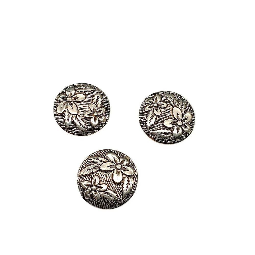 Vintage Floral Metal Shank Buttons Set Of 3 - Embossed Flower Design - 7/8 Inch